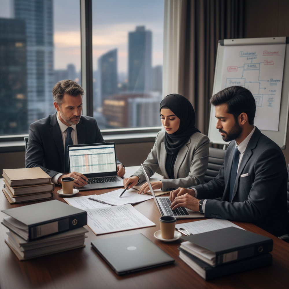 فريق قانوني يراجع عقودًا ضمن خدمات سنوية للشركات